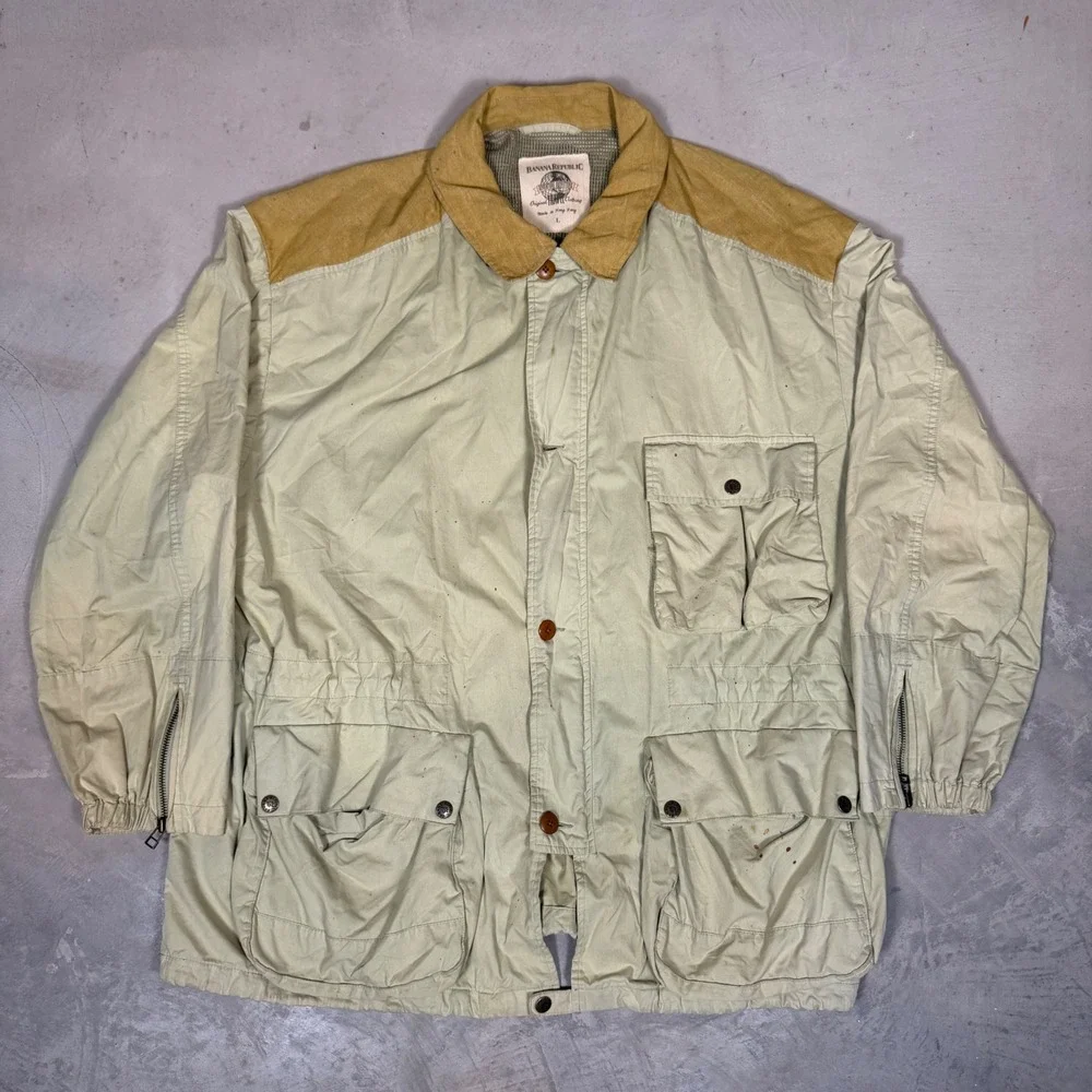 Vintage Banana Republic Adventure Outfitters Safari Travel Jacket Mens Large Tan